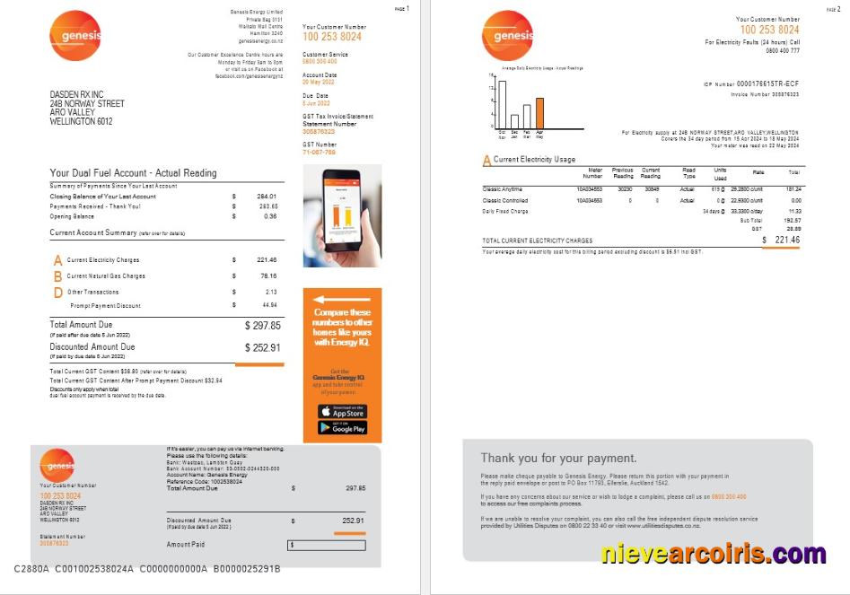 New Zealand Genesis Gas utility bill 1-2